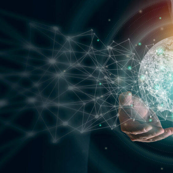 Man's hands holding virtual digital earth planet with light and line graphic decoration. Save earth concept. Global connection technology concept. Graphic design for background and banner.